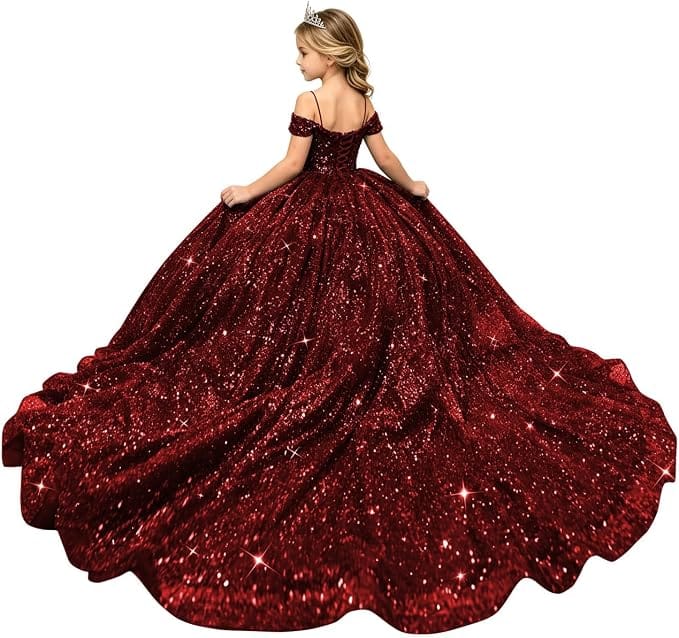 Burgundy / 18m Sunnypetal Sparkly Sequin Off-Shoulder Princess Ball Gown Flower Girl Dress for Pageant