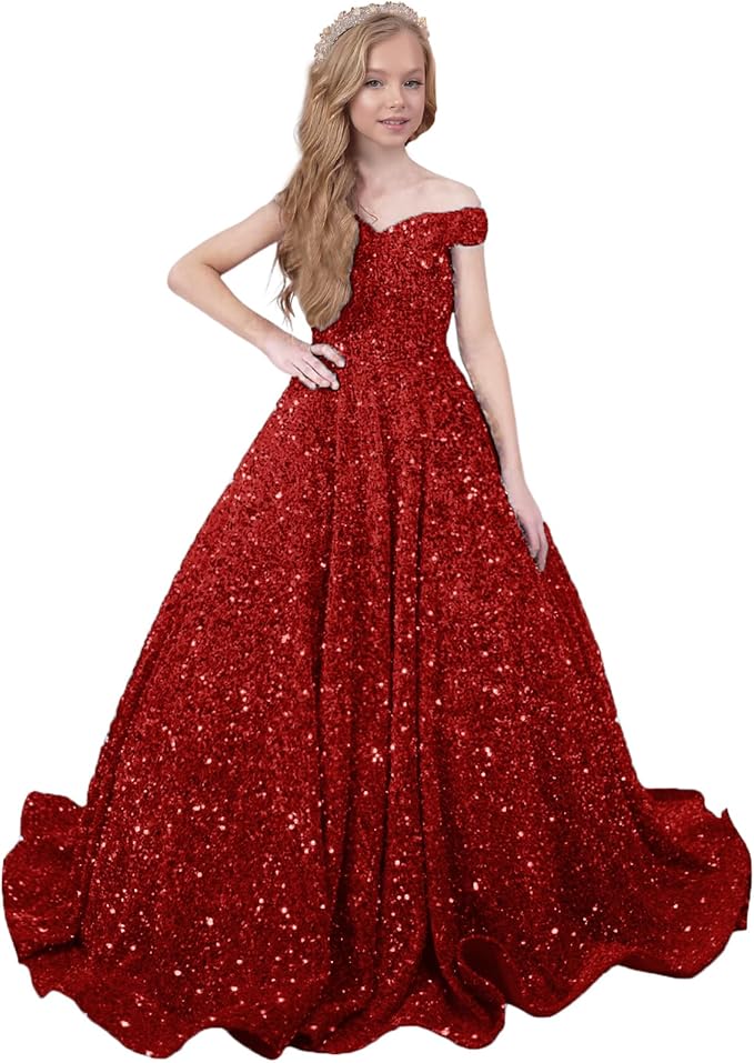 Burgundy / 18m Sunnypetal Sparkly Sequin Pageant Dresses Off Shoulder Flower Girl Dress Kids Wedding Ball Gown