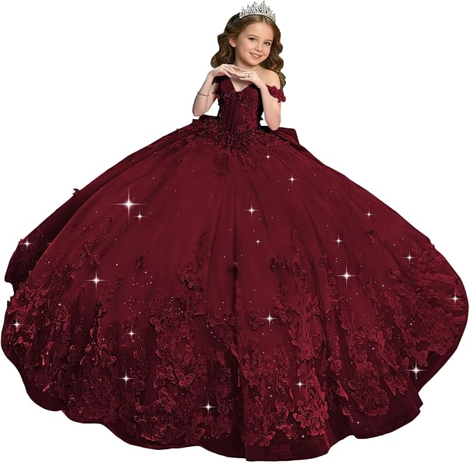Burgundy / 18m Sunnypetal Sweetheart Neck 3D Butterfly Tulle Flower Girl Dress with Big Bow