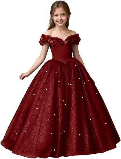 Burgundy / 3m Sunnypetal Exquisite Off-Shoulder Tulle Flower Girl Dress for Special Occasions