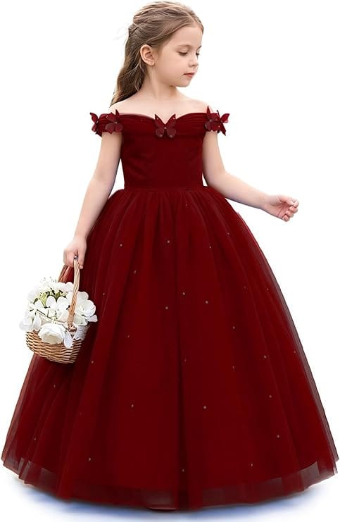 Burgundy / 3m Sunnypetal Off-Shoulder Ankle-Length Tulle Princess Flower Girl Dress with 3D Butterfly