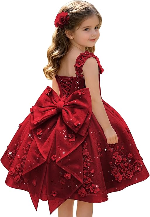 Burgundy / 3m Sunnypetal Sweetheart 3D Floral Lace Appliqué Short Flower Girl Dress witn Bow