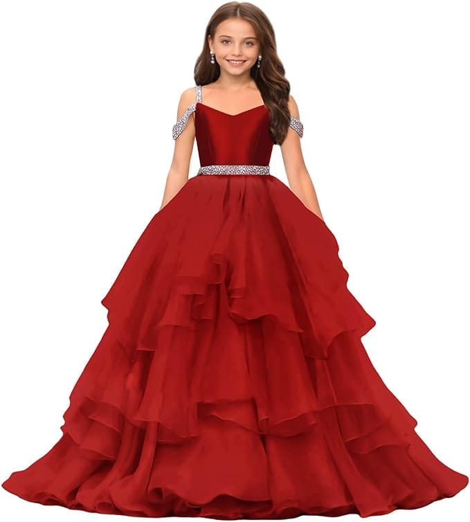Burgundy / 9m Sunnypetal Off-Shoulder Sweetheart Puffy Tulle Flower Girl Dress with Beaded Details