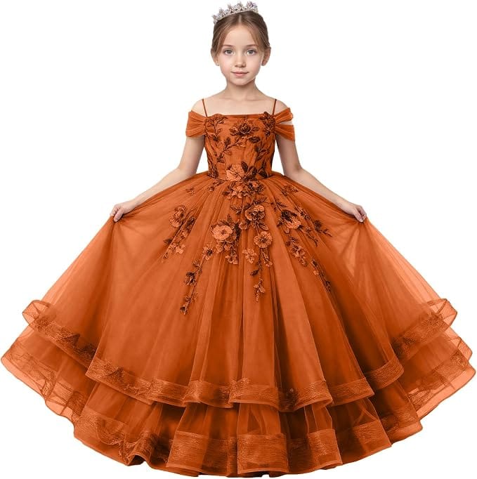 Burnt Orange / 18m Sunnypetal Off-Shoulder Floral Appliqué Tulle Flower Girl Dress for Special Occasions