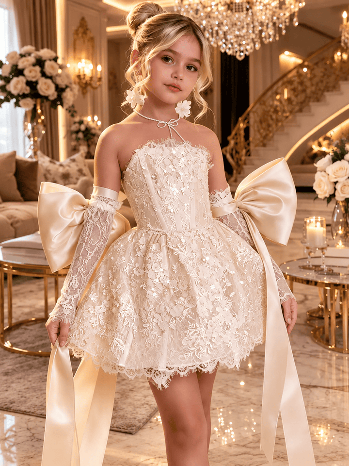 Champagne / 12m Sunnypetal Dreamy Light Blue Lace Flower Girl Dress with Oversized Bows for Special Occasions