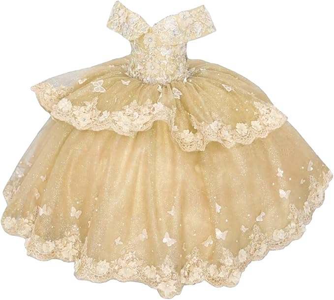Champagne / 18m Sunnypeta lEnchanted Blue Sweetheart Tulle Flower Girl Gown with Floral Appliqués