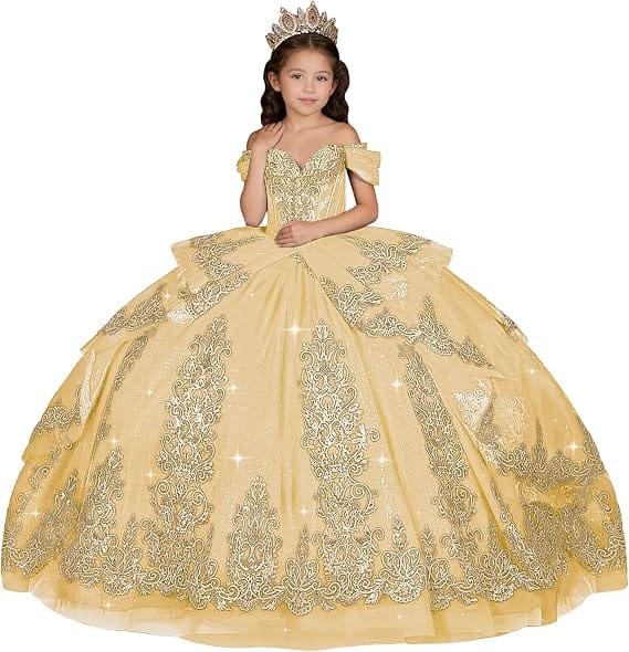 Champagne / 18m Sunnypetal Elegant Gold Appliqué Off-Shoulder Flower Girl Dress with Tassel Details