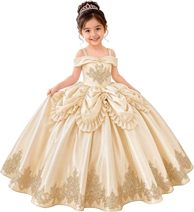 Champagne / 18m Sunnypetal Elegant Golden Satin Princess Flower Girl Dress with Bow