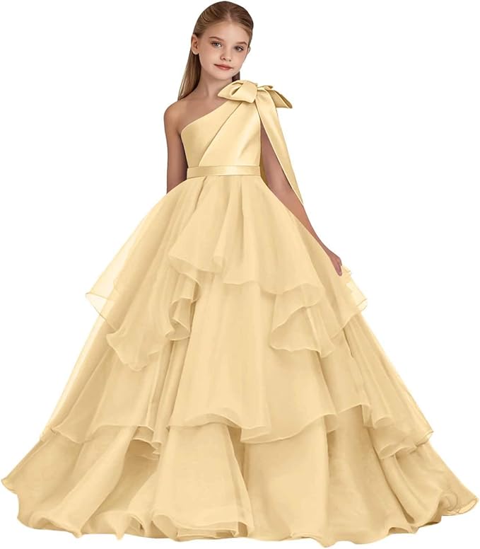 Champagne / 18m Sunnypetal Elegant One-Shoulder Satin Tulle Flower Girl Pageant Dress for Special Occasions