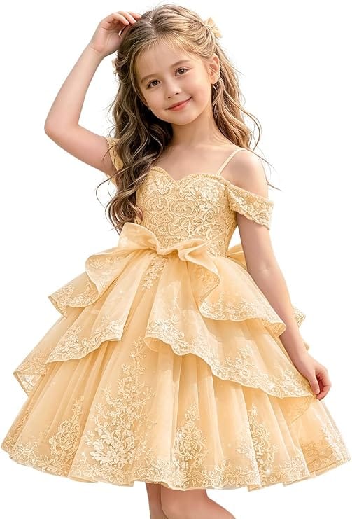 Champagne / 18m Sunnypetal Elegant Sweetheart Lace Applique Princess Bow Flower Girl Pageant Dress
