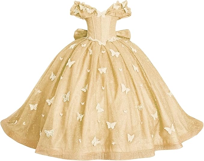 Champagne / 18m Sunnypetal Enchanted Blue Butterfly Princess Flower Girl Dress