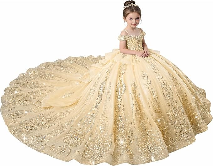 Champagne / 18m Sunnypetal Enchanted Blue Off-Shoulder Flower Girl Princess Ball Gown with Sparkling Appliqués
