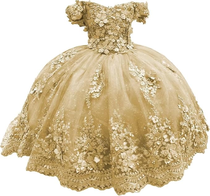 Champagne / 18m Sunnypetal Enchanted Ice Blue Tulle Ball Gown Flower Girl Dress with 3D Floral Appliqués