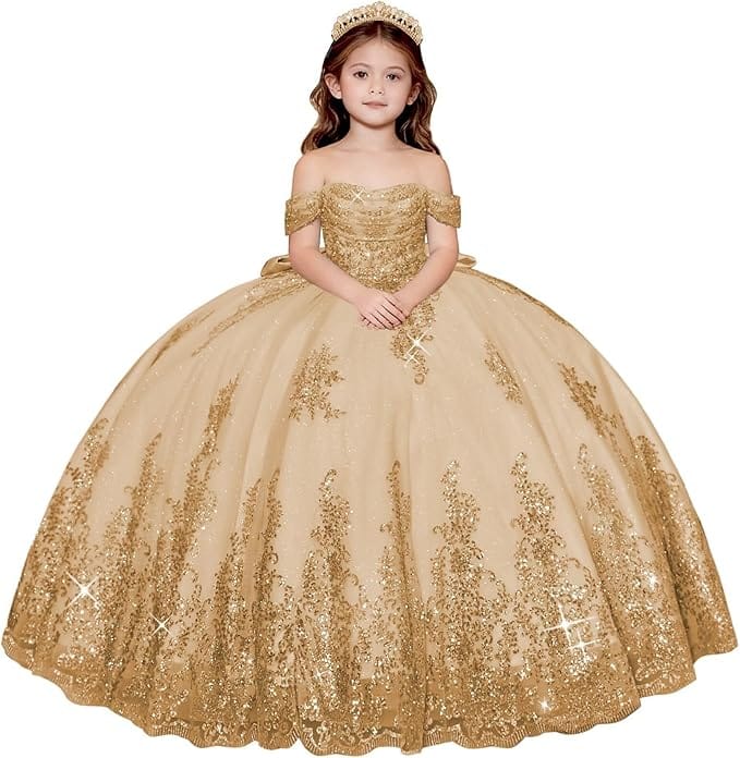 Champagne / 18m Sunnypetal Enchanted Off-Shoulder Tulle Ball Gown Flower Girl Dress with Lace Appliqués