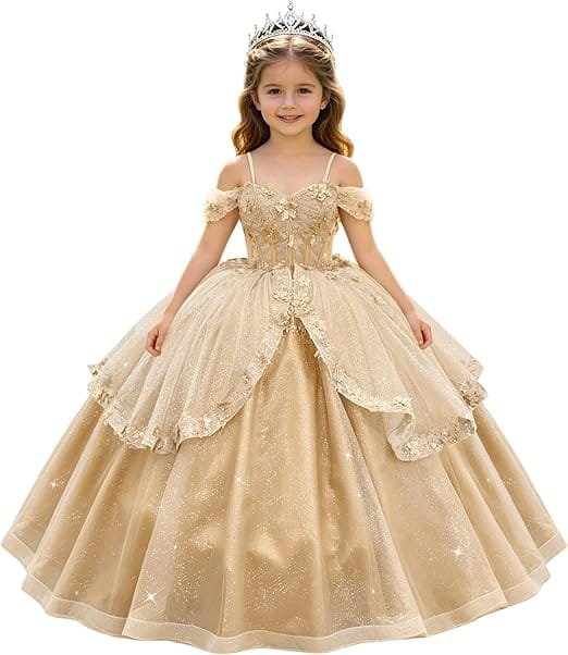 Champagne / 18m SunnyPetal Enchanted Sage Green Off-Shoulder Lace Appliqué Tulle Flower Girl Gown