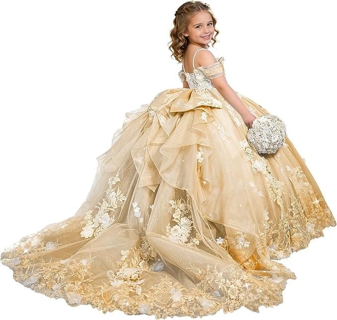 Champagne / 18m Sunnypetal Exquisite 3D Floral Lace Applique Ruffle Tulle Flower Girl Ball Gown with Bow