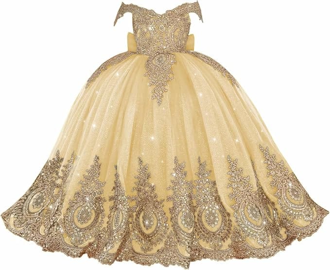 Champagne / 18m Sunnypetal Exquisite Gold Appliqué Off-Shoulder Princess Flower Girl Dress with Bow
