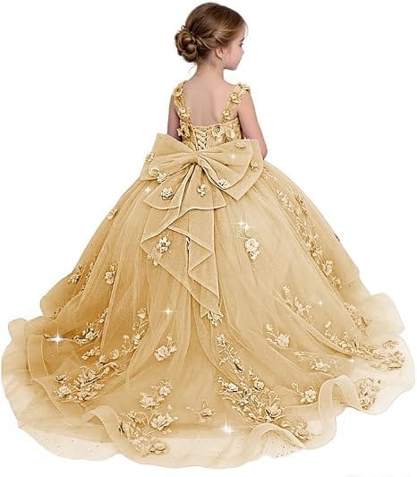 Champagne / 18m Sunnypetal Exquisite Off-Shoulder 3D Floral Glitter Tulle Ball Gown Flower Girl Dress with Bow