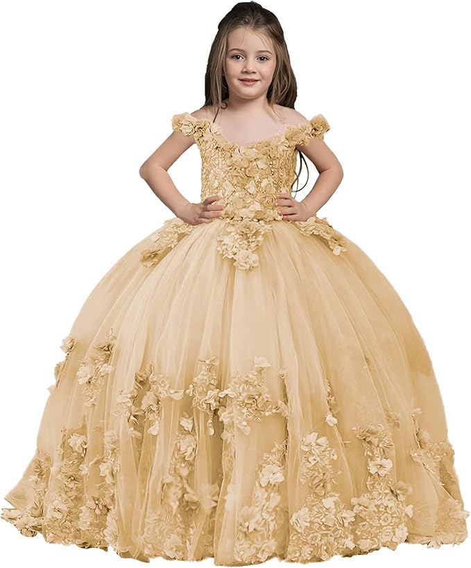 Champagne / 18m Sunnypetal Exquisite Off-Shoulder Tulle 3D Floral Flower Girl Princess Dress with Satin Bow