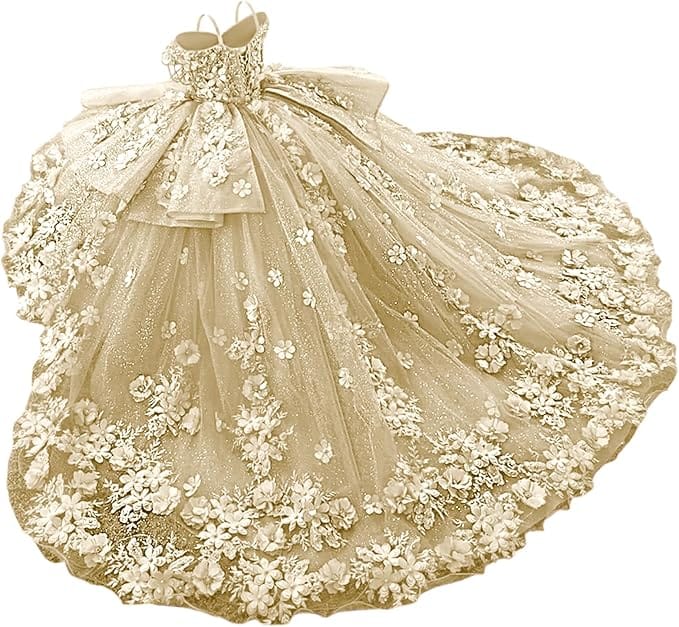 Champagne / 18m Sunnypetal Exquisite Tulle Off-Shoulder Flower Girl Dress Pageant Gown with 3D Floral Appliqués