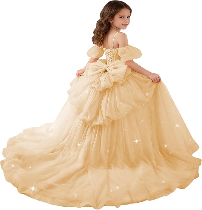 Champagne / 18m Sunnypetal Girls Spaghetti Strap Glitter Tulle Ball Gown with Lace Appliqués &amp; Bow
