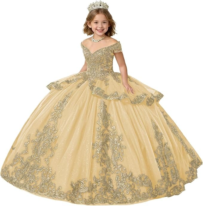 Champagne / 18m Sunnypetal Gold Applique Off Shoulder Flower Girl Dress with Tassels Crystal &amp; Bow