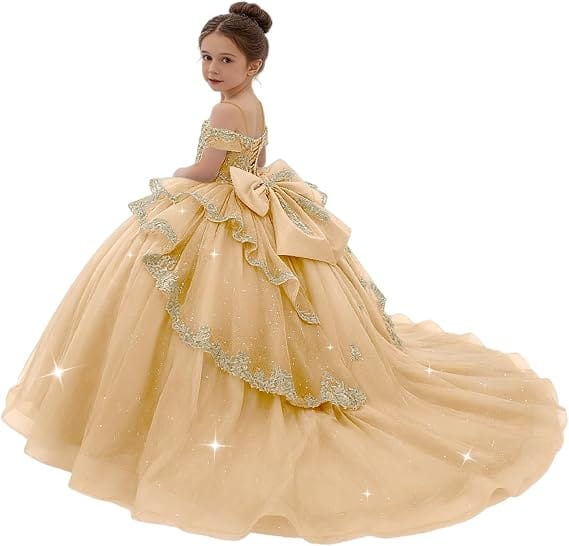 Champagne / 18m Sunnypetal Gold Sequin Lace Off-Shoulder Tulle Flower Girl Dress with Bow Detail