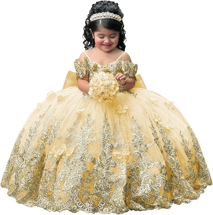 Champagne / 18m Sunnypetal Gorgeous Gold Appliqués Tulle Flower Girl Ball Gown with Bow and 3D Butterflies