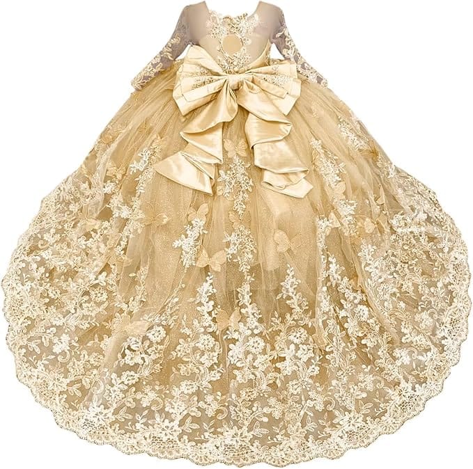 Champagne / 18m Sunnypetal Lace Long Sleeve Ball Gown Flower Girl Dress with 3D Butterflies and Satin Bow