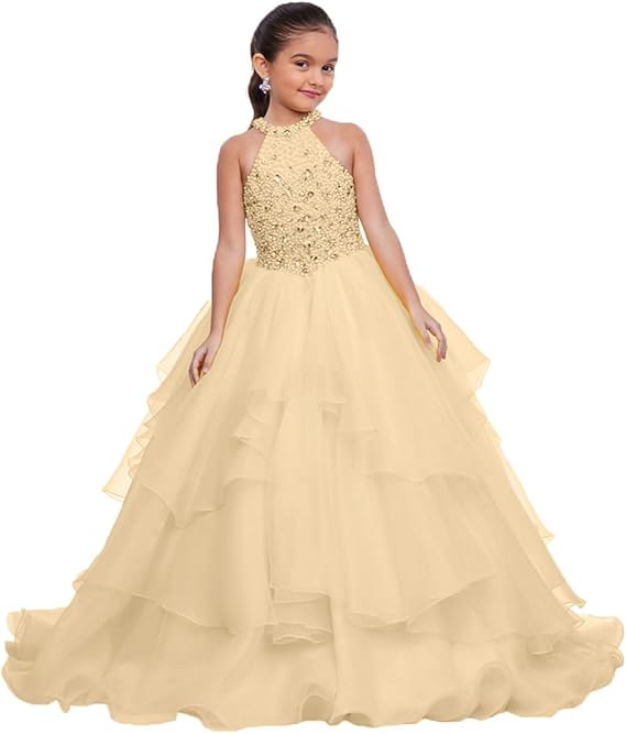 Champagne / 18m Sunnypetal Layered Organza Princess Ball Gown Flower Girl Dress for Pageant &amp; Party