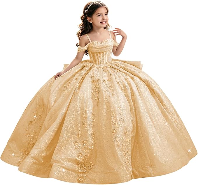 Champagne / 18m Sunnypetal Luxury Glitter Tulle Off-Shoulder Ball Gown Flower Girl Dress with Train
