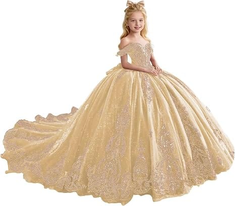 Champagne / 18m Sunnypetal Luxury Gold Appliqué Glitter Tulle Flower Girl Gown with Oversized Bow