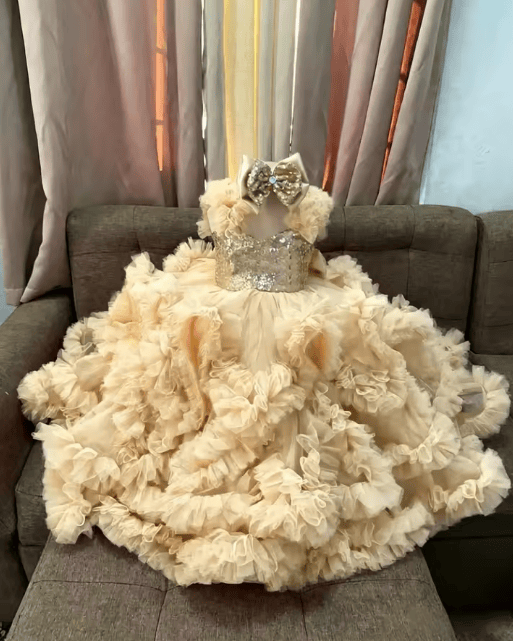 Champagne / 18m Sunnypetal Luxury Hot Pink Ruffle Tulle Flower Girl Ball Gown with Sequin Bow