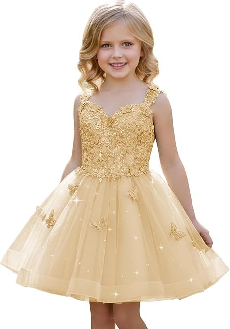 Champagne / 18m Sunnypetal Luxury Mint Green Butterfly Lace Flower Girl Dress