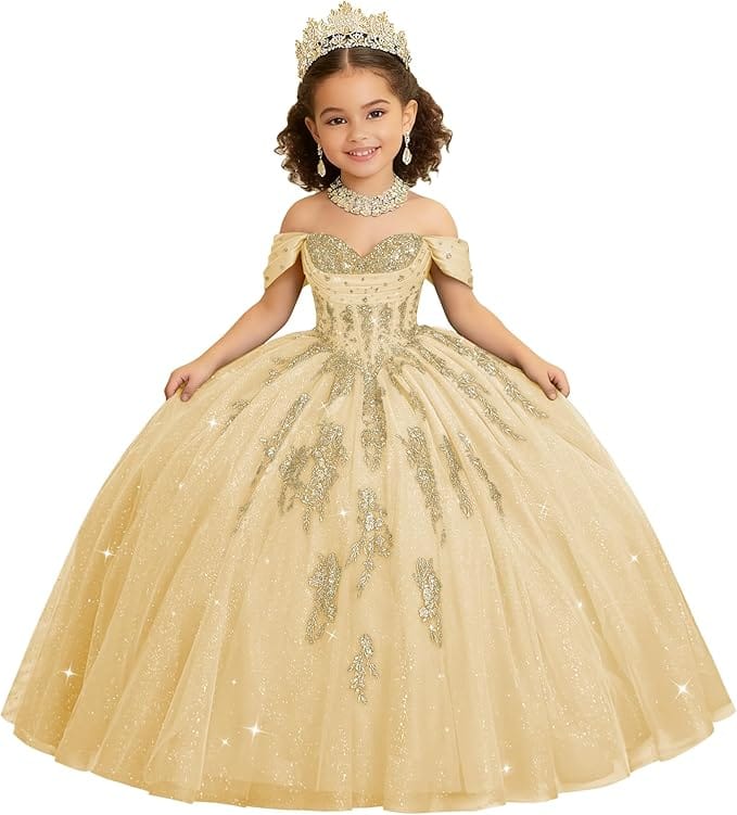 Champagne / 18m Sunnypetal Luxury Off-Shoulder Gold Lace Applique Princess Flower Girl Ball Gown Dress