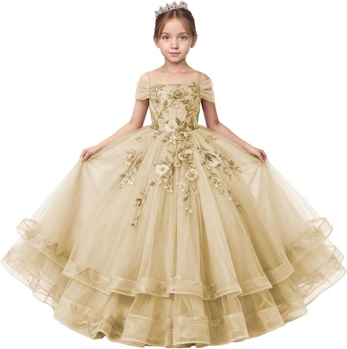 Champagne / 18m Sunnypetal Off-Shoulder Floral Appliqué Tulle Flower Girl Dress for Special Occasions