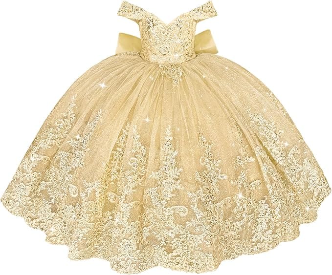Champagne / 18m Sunnypetal Off Shoulder Sweetheart Lace Tulle Flower Girl Pageant Dress with Bow