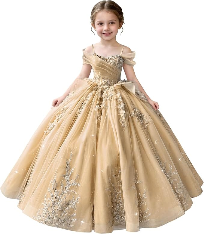 Champagne / 18m Sunnypetal Off-Shoulderl 3D Lace Appliqué Tiered Ruffle Flower Girl Dress for Pageant