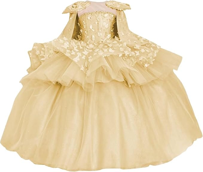Champagne / 18m Sunnypetal Princess Pink Tulle Ball Gown Flower Girl Dress with Butterfly Appliqués and Cape