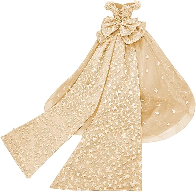 Champagne / 18m Sunnypetal Princess Purple Tulle Ball Gown Flower Girl Dress with Butterfly Appliqués and Bow