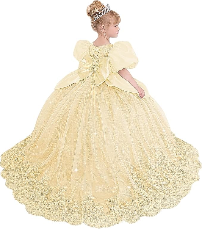 Champagne / 18m Sunnypetal Princess Sky Blue Tulle Lace Flower Girl Dress with Bow and Puff Sleeves