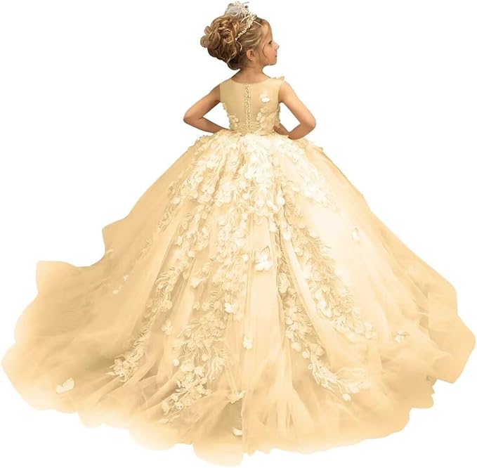 Champagne / 18m Sunnypetal Puffy Tulle Flower Girl Dress Appliques 3D Butterfly Pageant Party Princess Dresses