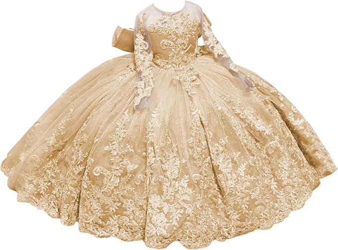 Champagne / 18m Sunnypetal Sparkling Long Sleeve Lace Tulle Flower Girl Dress with Glitter Appliqué &amp; Bow