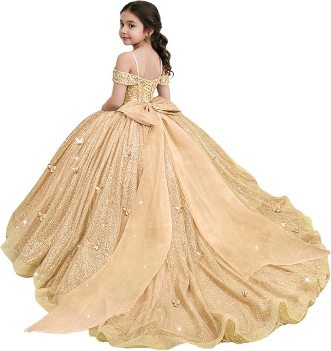 Champagne / 18m Sunnypetal Sparkling Off-Shoulder Glitter Tulle Flower Girl Dress with Oversized Bow