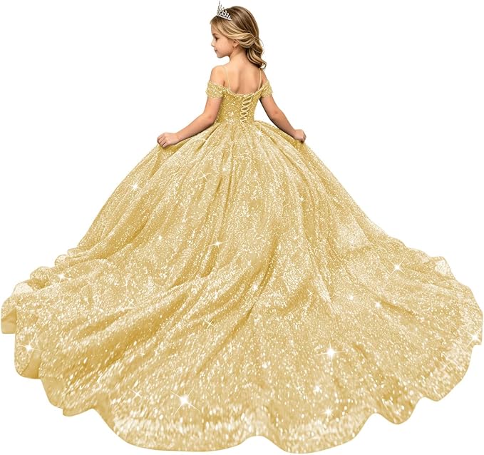 Champagne / 18m Sunnypetal Sparkly Sequin Off-Shoulder Princess Ball Gown Flower Girl Dress for Pageant