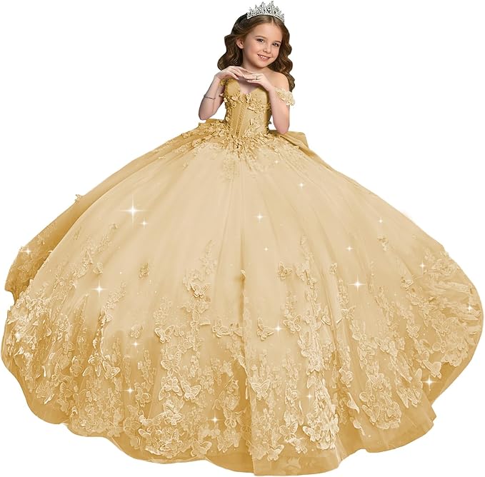 Champagne / 18m Sunnypetal Sweetheart Neck 3D Butterfly Tulle Flower Girl Dress with Big Bow