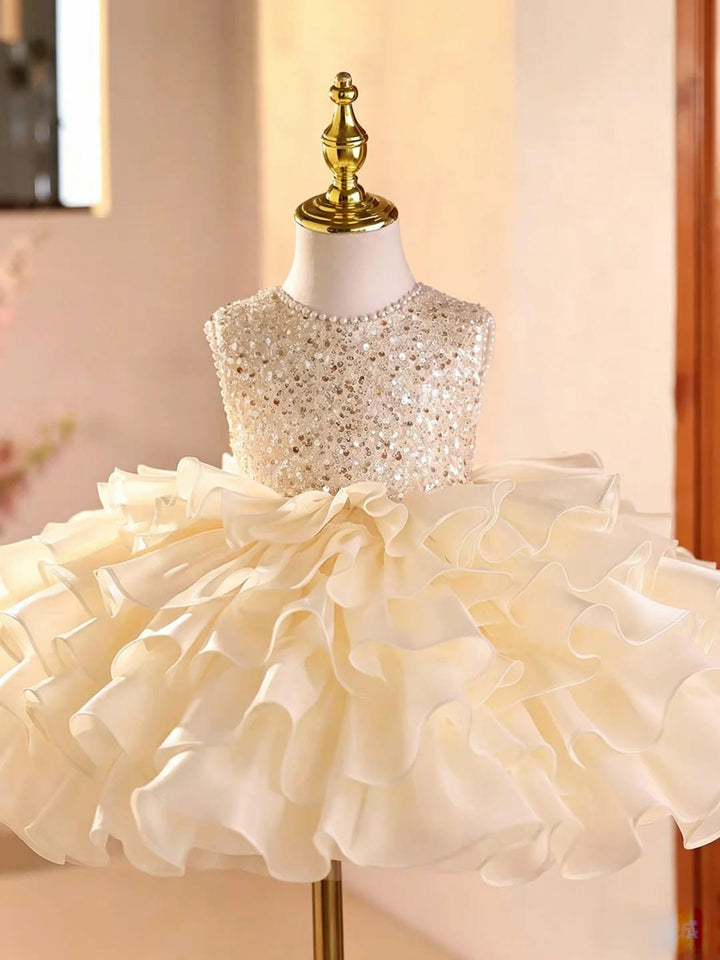 Champagne / 3m Sunnypetal Champagne Princess Flower Girl Gown with Sparkling Sequins and Ruffle Tulle