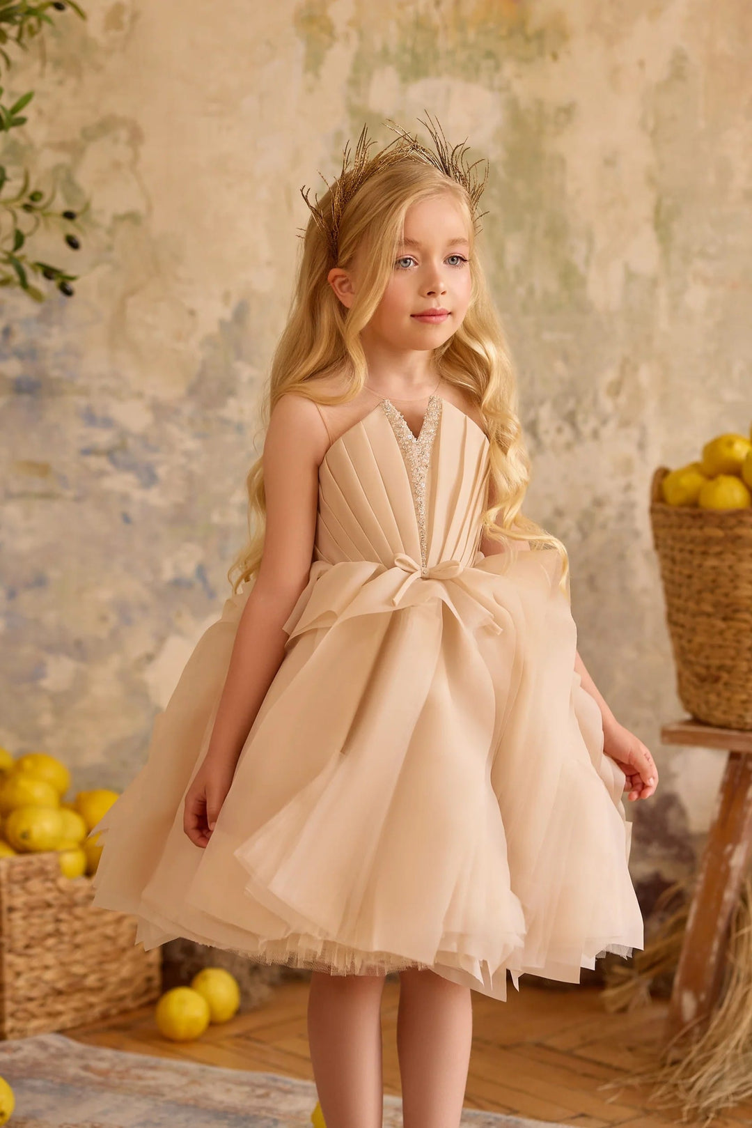 Champagne / 3m Sunnypetal Champagne Whisper Layered Tulle Flower Girl Dress with Elegant Bow