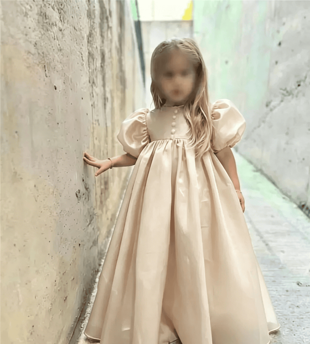 Champagne / 3m Sunnypetal Elegant Puffy Sleeve Satin Floor-Length Princess Flower Girl Dresses