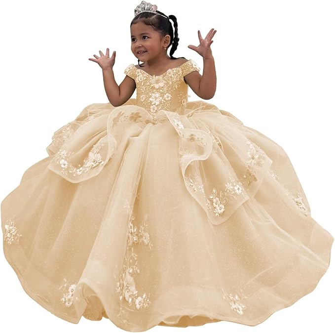 Champagne / 3m Sunnypetal Enchanted Sage Green Tulle Ball Gown Flower Girl Dress with Floral Appliqués